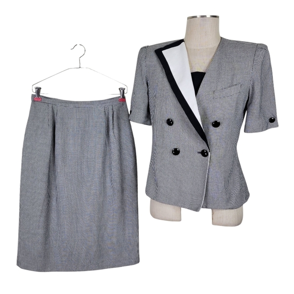 Kasper ASL Midi Skirt Suit 10 Black White Houndstooth Double Breasted Jabot - Picture 1 of 10
